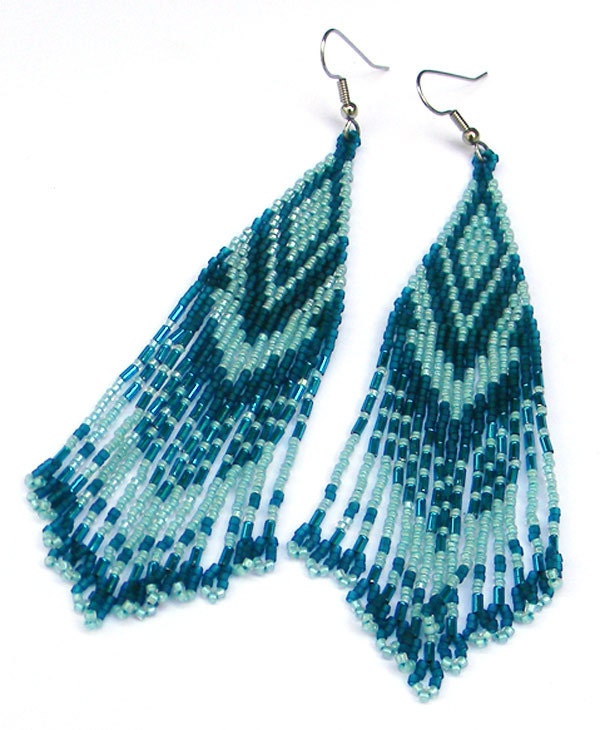 Long Turquoise Tribal / Boho Seed Bead Earrings - peyote earrings, beaded jewelry