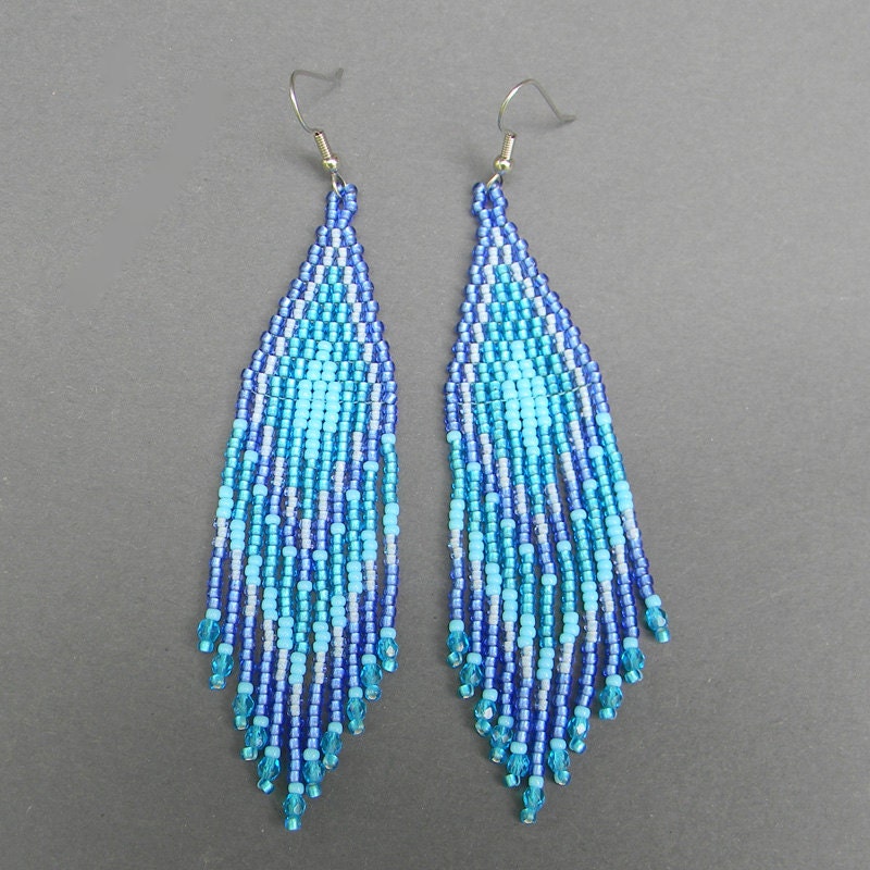 Blue long seed bead earrings