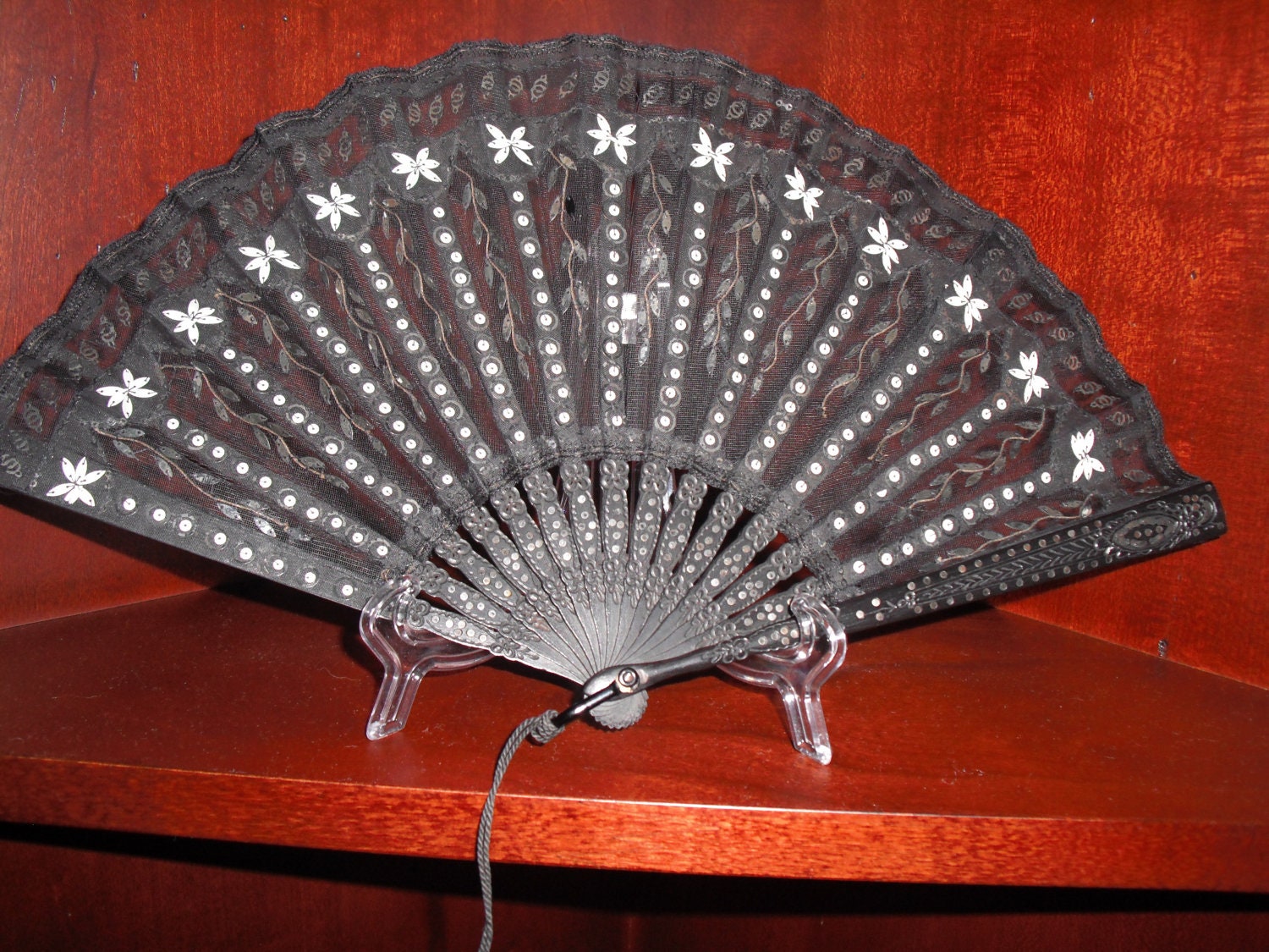 EXQUISITE Vintage BLACK LACE Fan with Hand Sewn Sequins across slender fine wooden carved slats attached at a metal ring