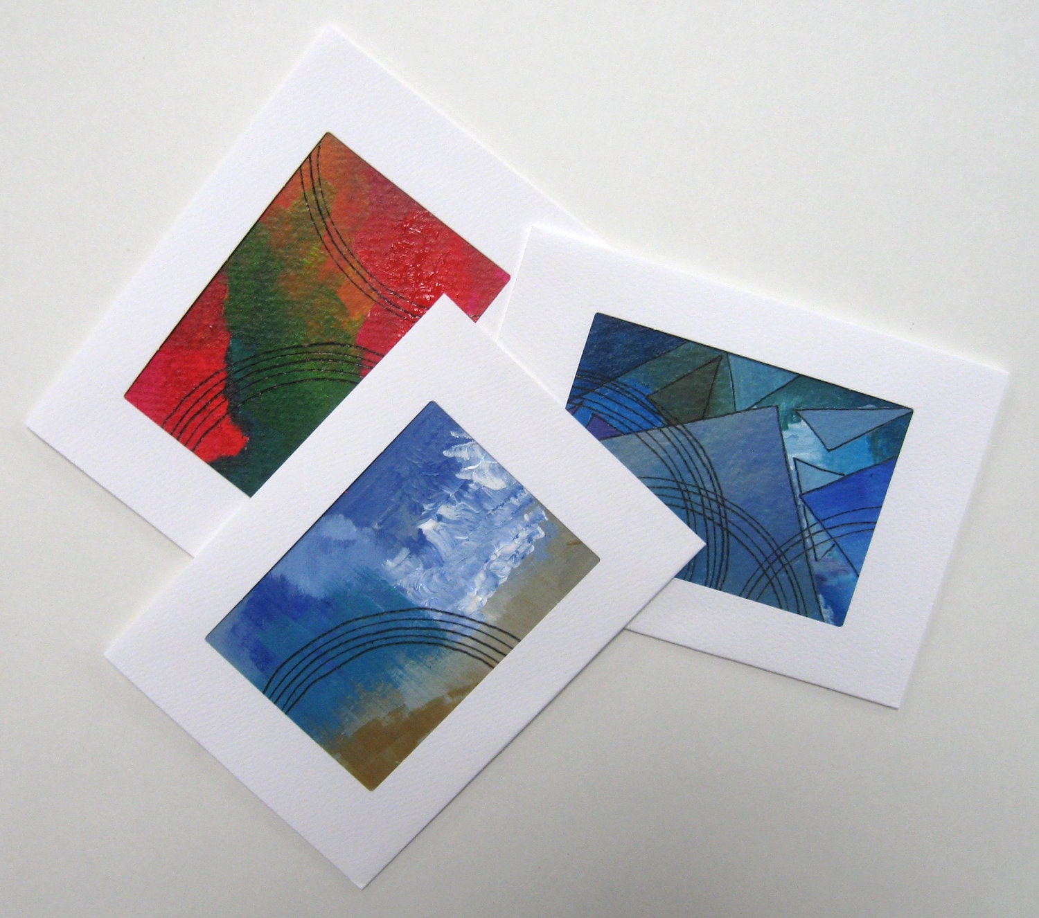 Set of 3 ( ON SALE ) Holiday Christmas Cards Art Greeting Card Original Art ACEO Gift Idea Abstract Acrylic on Paper Blue Green Red White