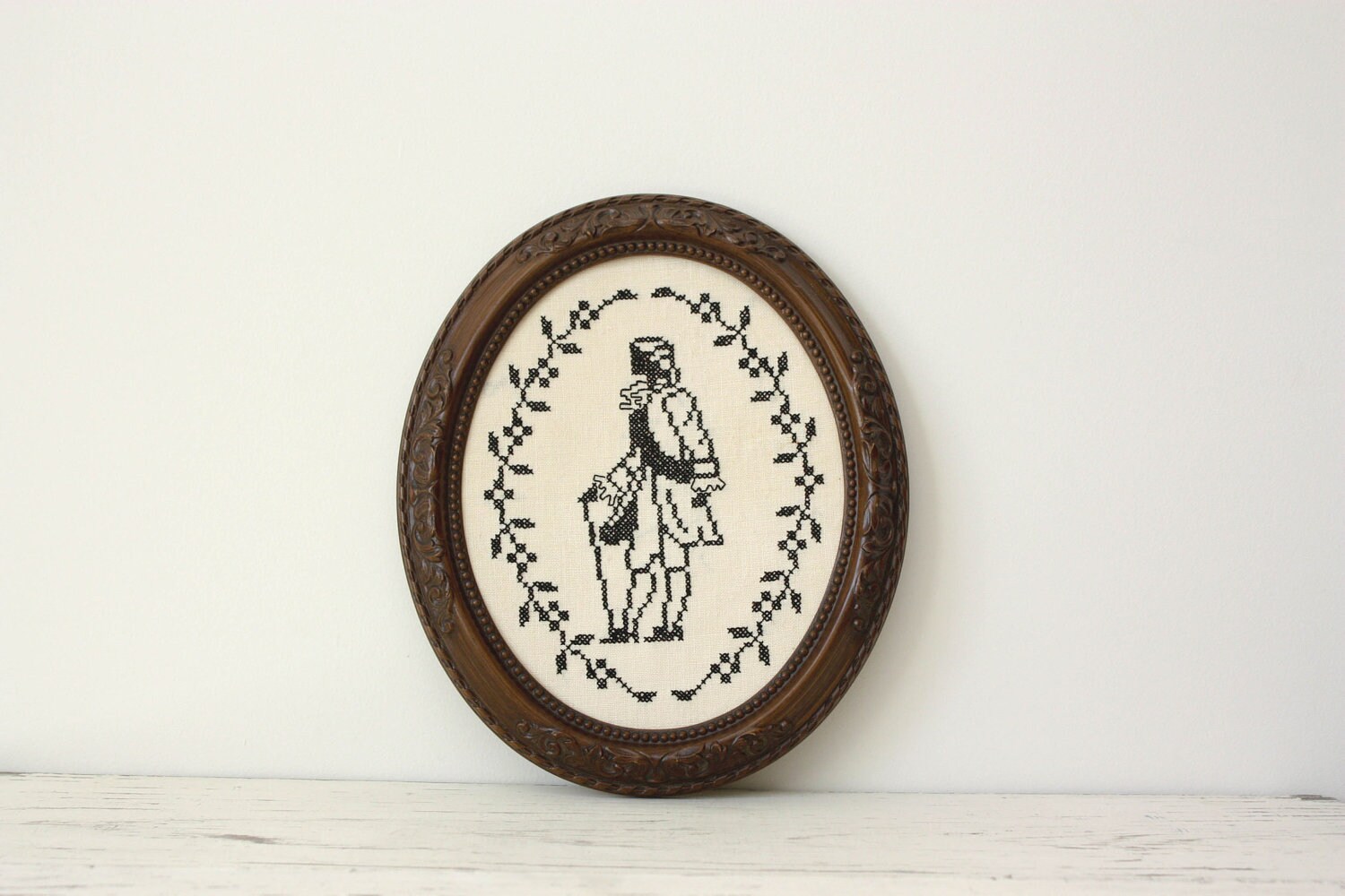 Vintage Framed Oval Cross Stitch Victorian Man