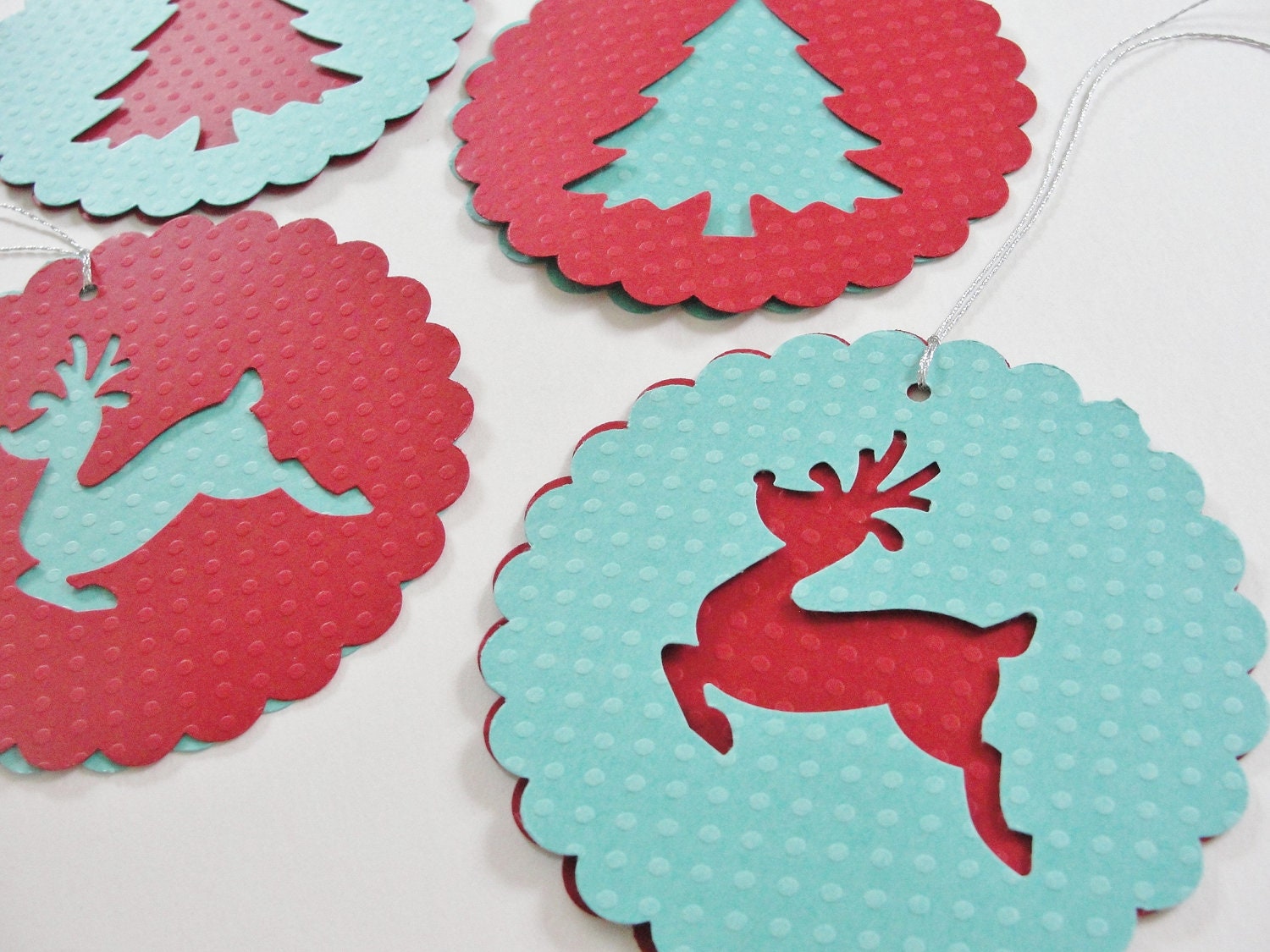 Paper Christmas Tree Reindeer Scalloped Round Gift Tags, Red Teal Round Paper Holiday Reindeer Cut Outs, Large Christmas Gift Tags, Set of 4 - CutOutTheFun