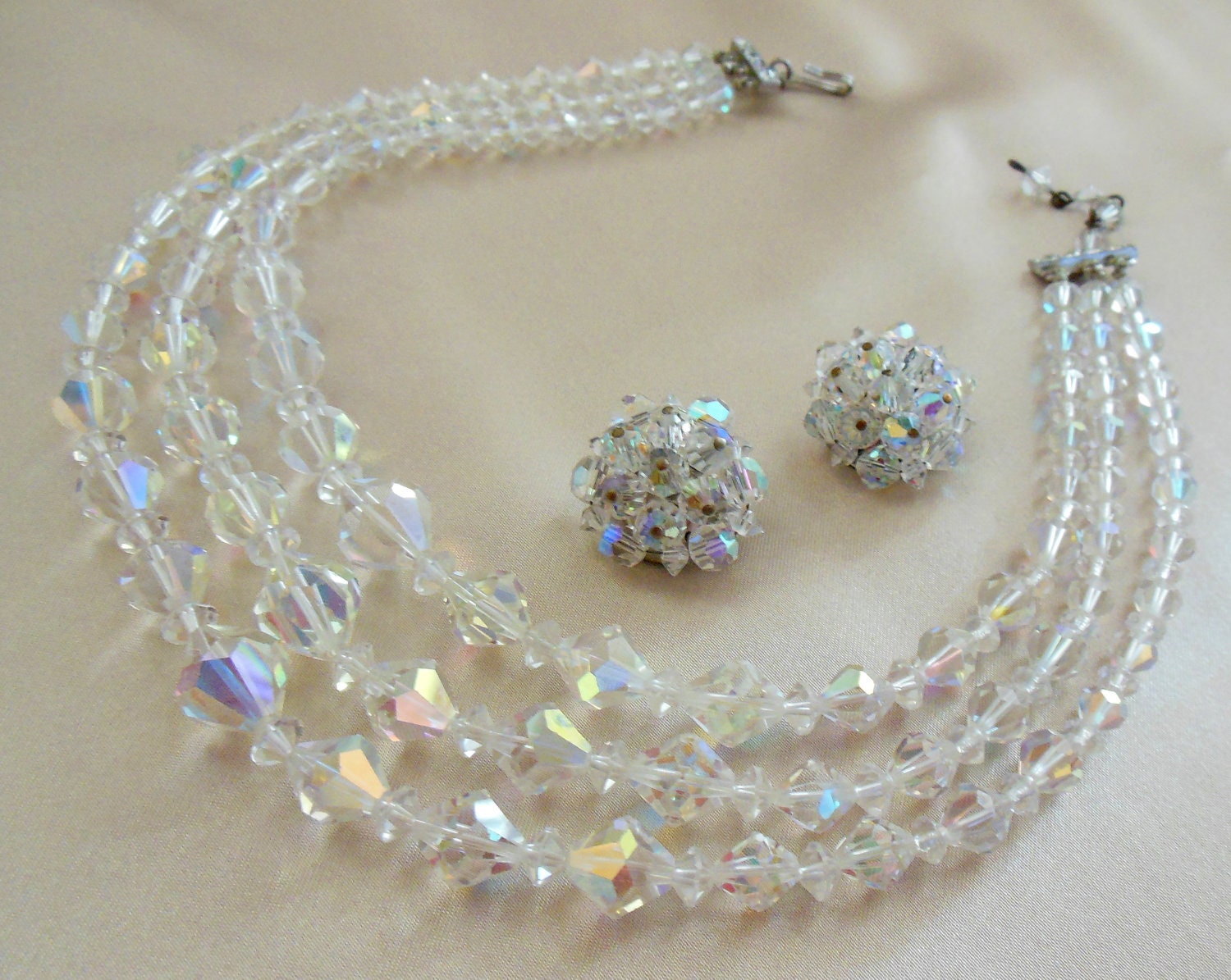 Vintage Crystal Necklace Triple Strand with Matching Earrings