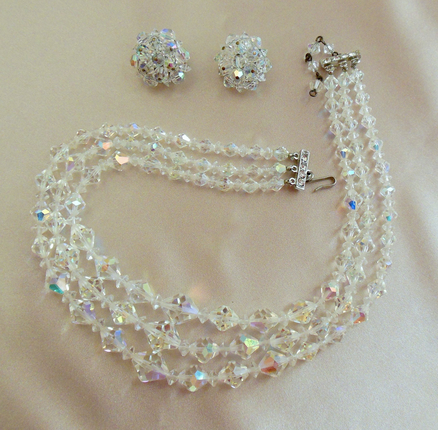 Vintage Crystal Necklace Triple Strand with Matching Earrings