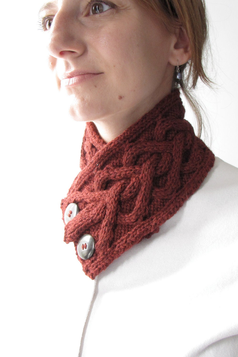 Red Knitted Scarf with Buttons - Hand Knit Cowl with Cables