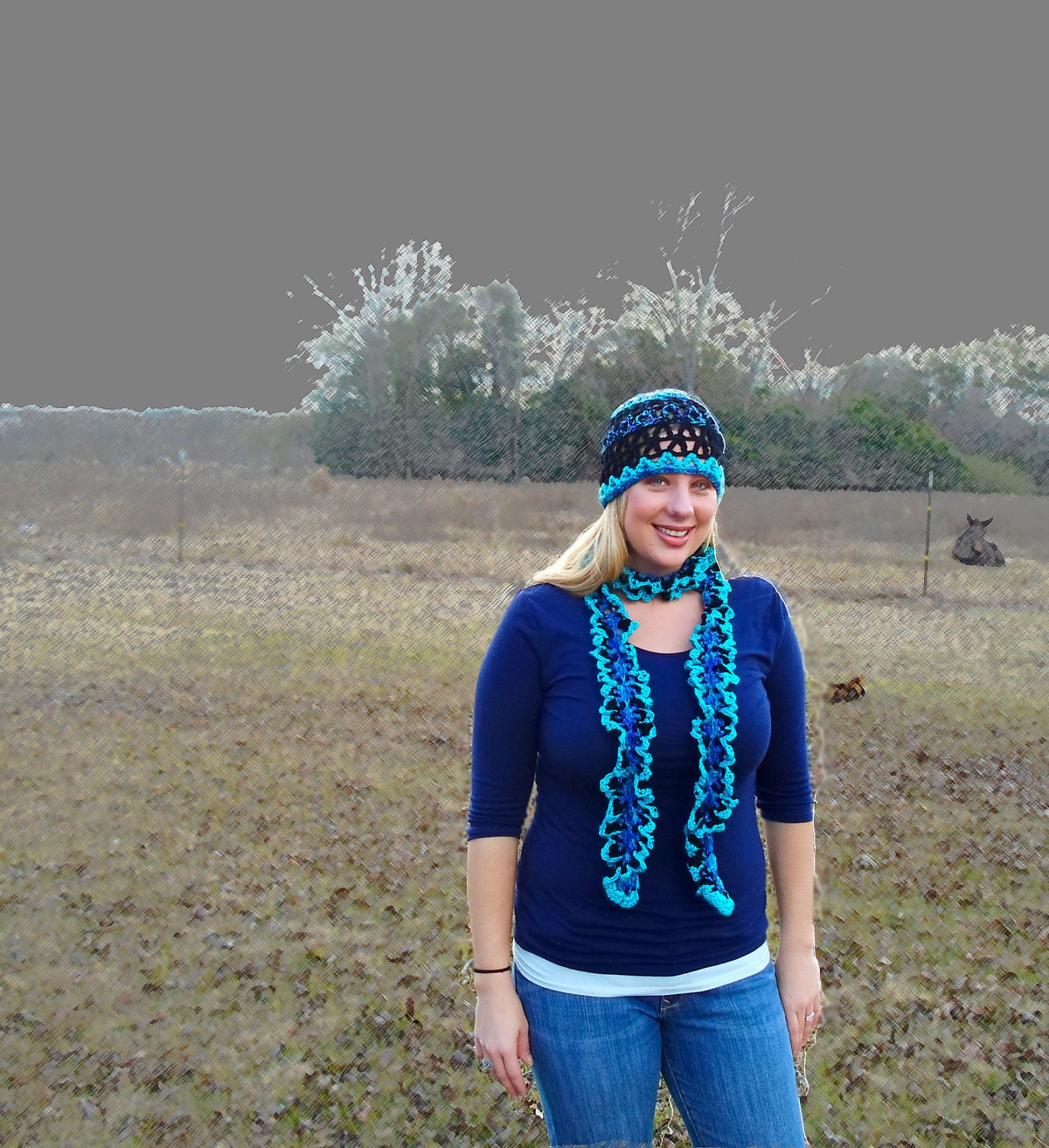 Crochet Hat / Scarf Set - OOAK Cap and Ruffle Scarf Set in Turquoise, Blue, and Black