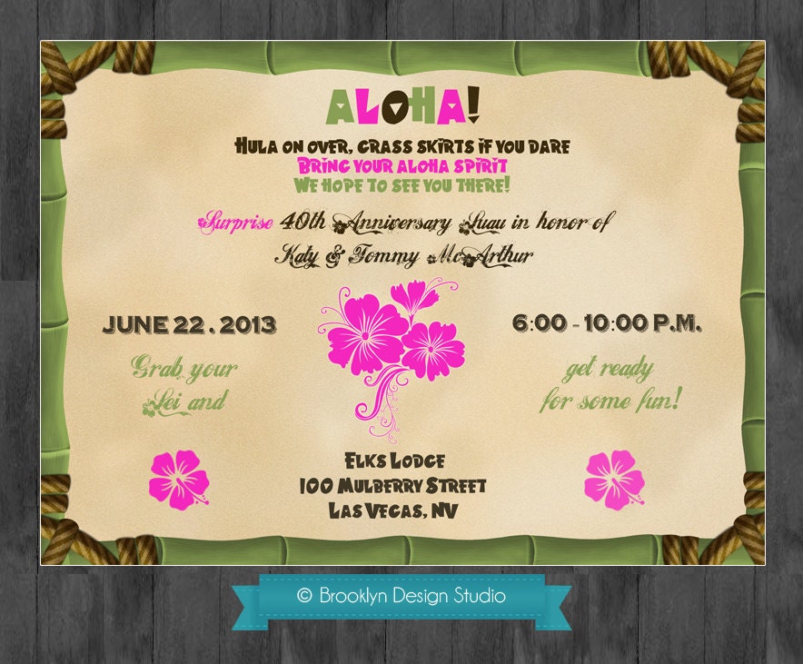 Elegant Tropical Hawaiian Invitation Anniversary - Birthday - Retirement Invitation - Pink, Green and Brown - Digital File