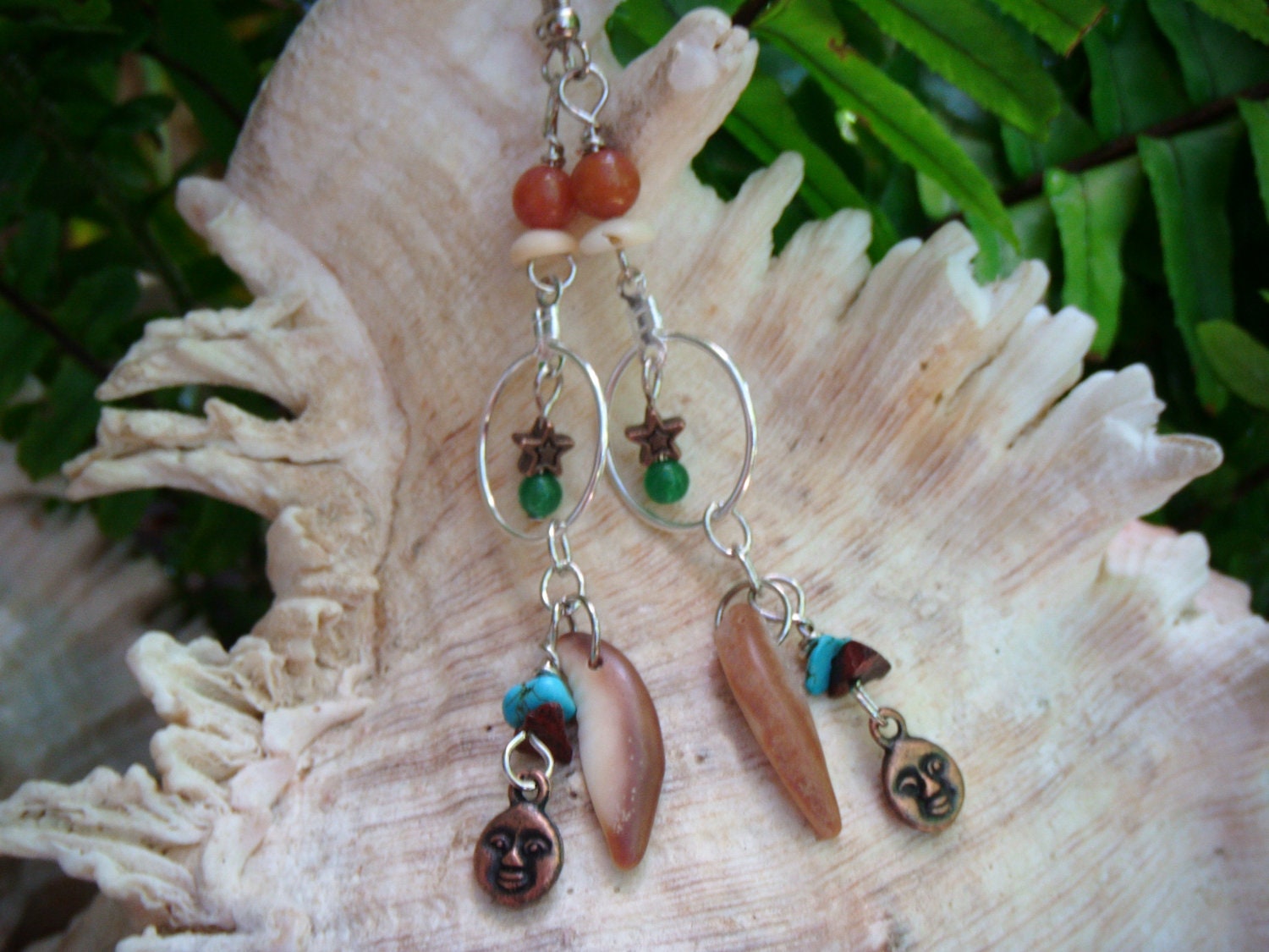 Carnelian and turquoise and jasper earrings with cowrie and puka shells