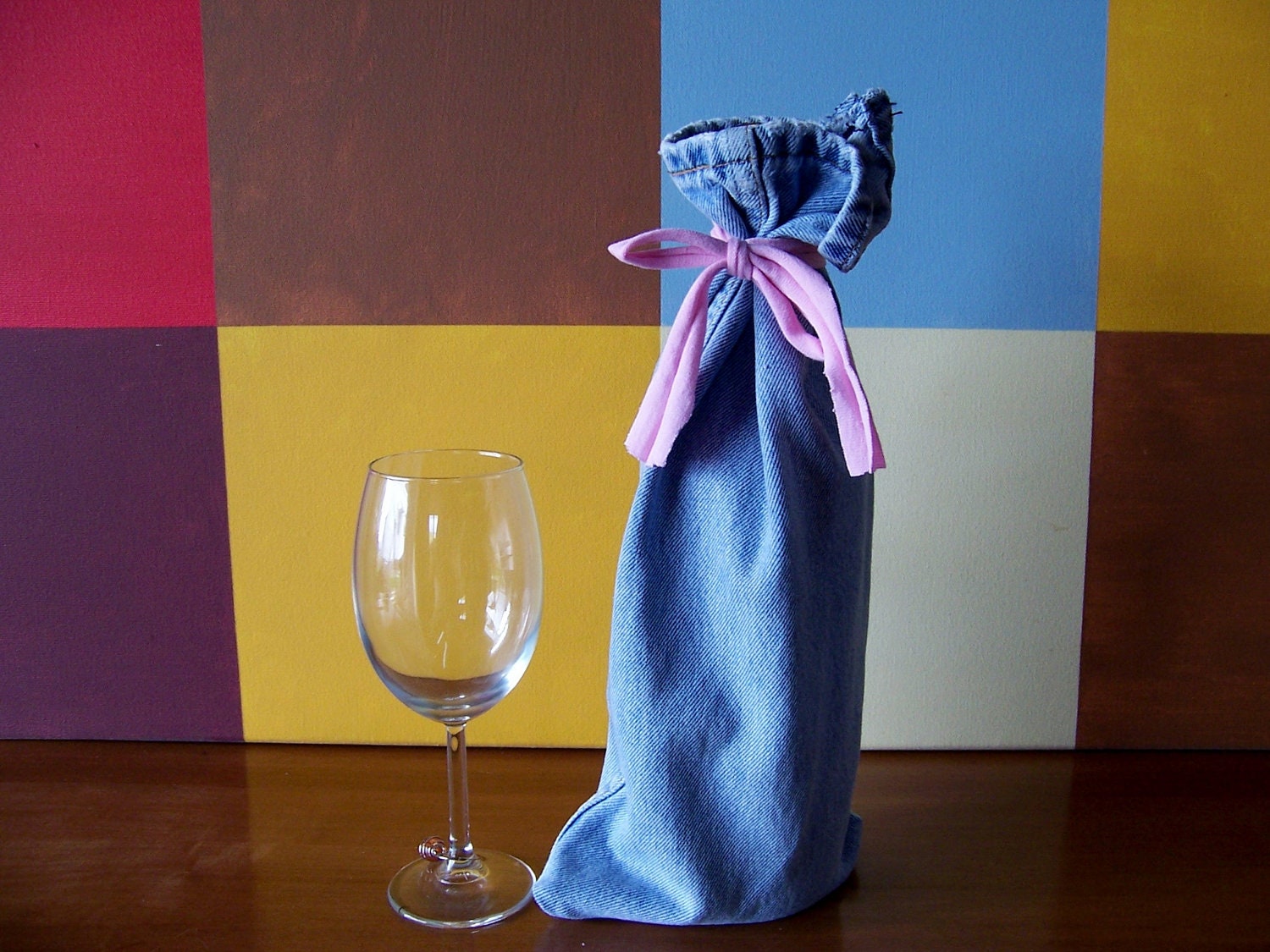Unique Wine Bottle Gift Bag Denim Jean Fabric Upcycled Recycled