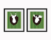 Mounted Head Moose and Deer Simple Frame (2) Duo Vertical Stripe Digital 8x10 Modern Art Print Affordable Wall Art - Forest & Lime