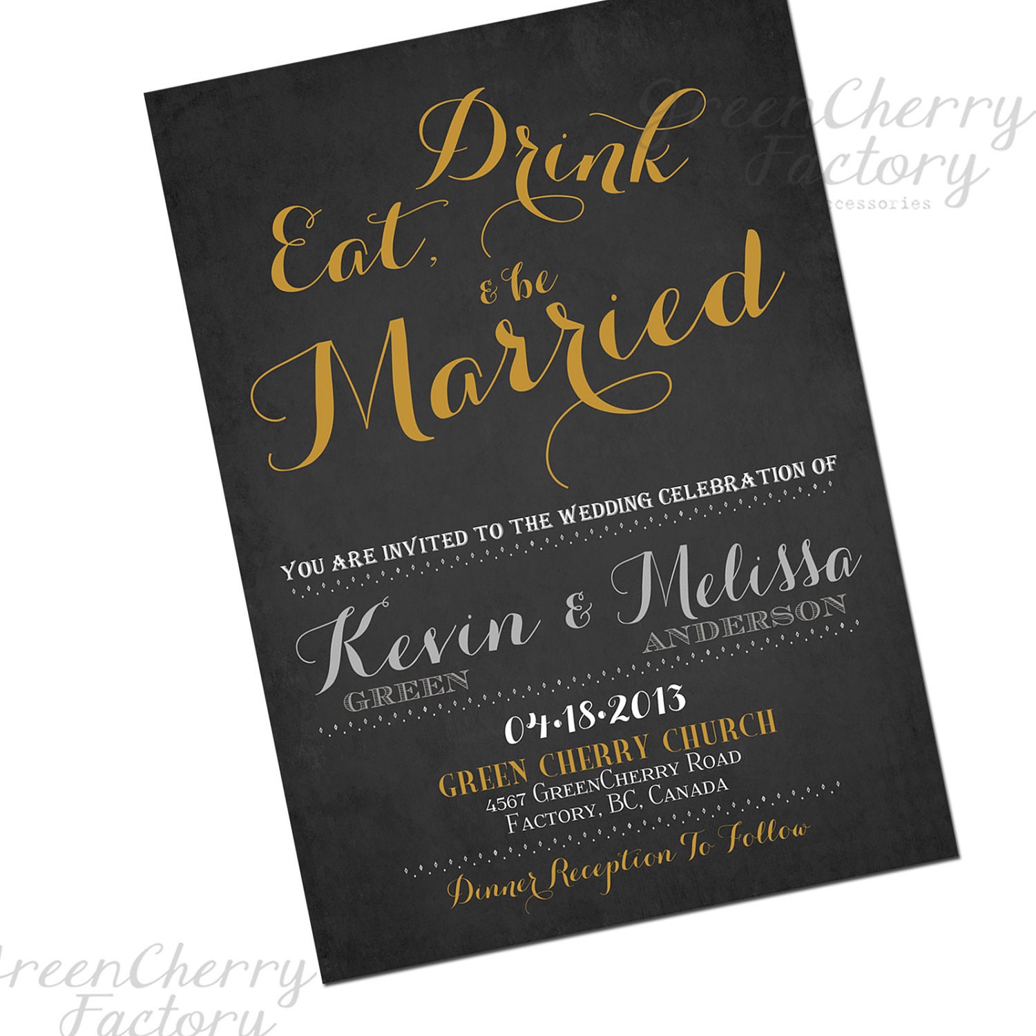 Eat, Drink and be Married Wedding Invitation - Black Chalkboard Wedding Invitation - Wedding Shower - Custom Colors Wordings - No.281