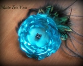 Teal Satin Singed Flower with Feathers - Headband/Pin/Clip - Wedding/Prom/Photo Prop