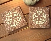 Set of 2 Sanddollar mosaic trivets, vintage and porcelain tile with copper accents, 6" square, cream and earth tones