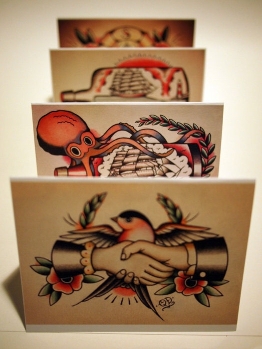 Nautical Tattoo Flash Greeting Cards - Set of 4