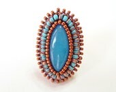 40% OFF SALE - Blue Eternity: Bead embroidered cocktail ring with cabochon and seed beads