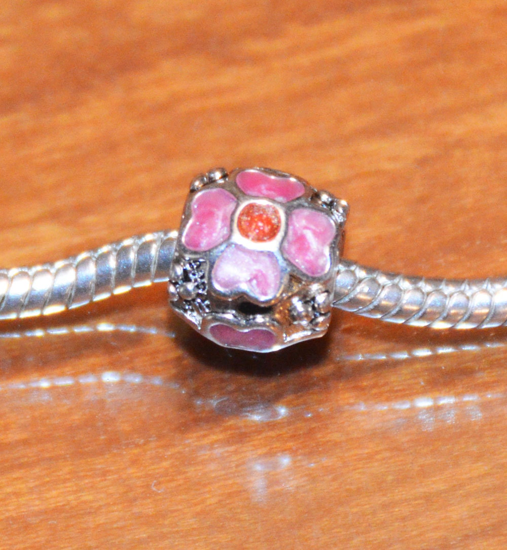 Sterling Silver and Pink Enamel Flower Bead for European Style Bracelets .925
