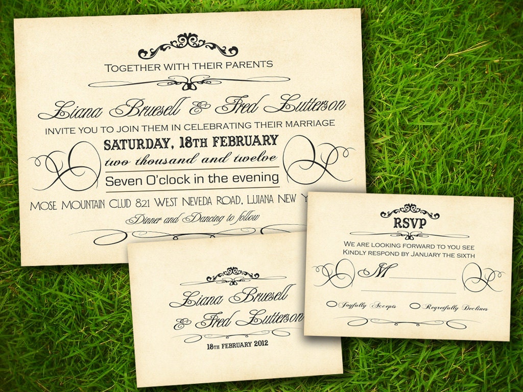 Wedding Invitation and RSVP Card Suite - Vintage Rustic Elegant Steampunk Old Fashioned Customizable Double Sided DIY Printable