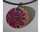 flower art, purple, lavendar, orange, Handmade one of a kind wooden pendant, hand painted, wood