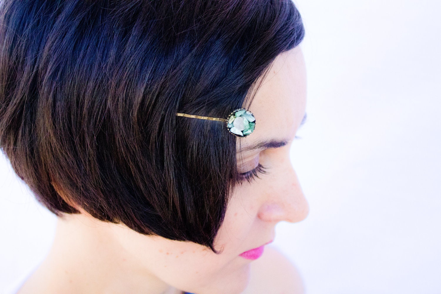 Green gemstones hair pin - Aventurine and quartz