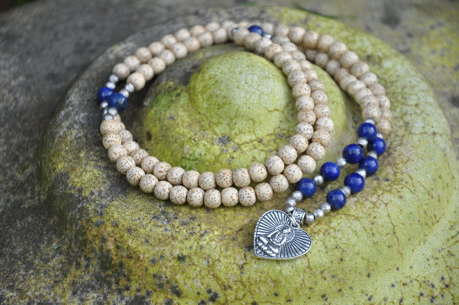 108 Mala, prayer bead, Lotus Seed Mala with Lapis Lazuli beads. Yoga Jewelry, Meditation , Buddhist