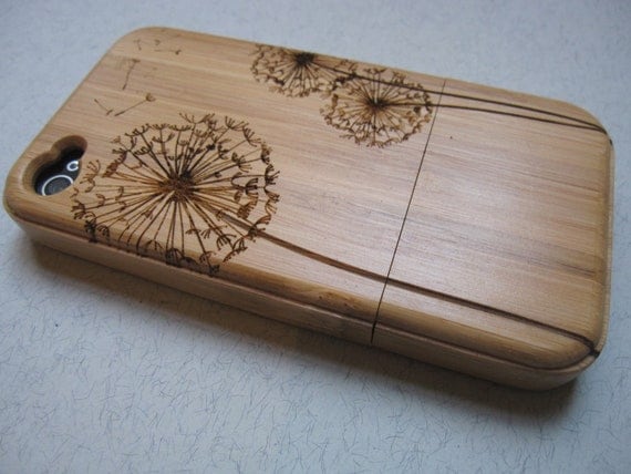Iphone 4 case - wooden cases bamboo, cherry and walnut wood - Dandelion - laser engraved
