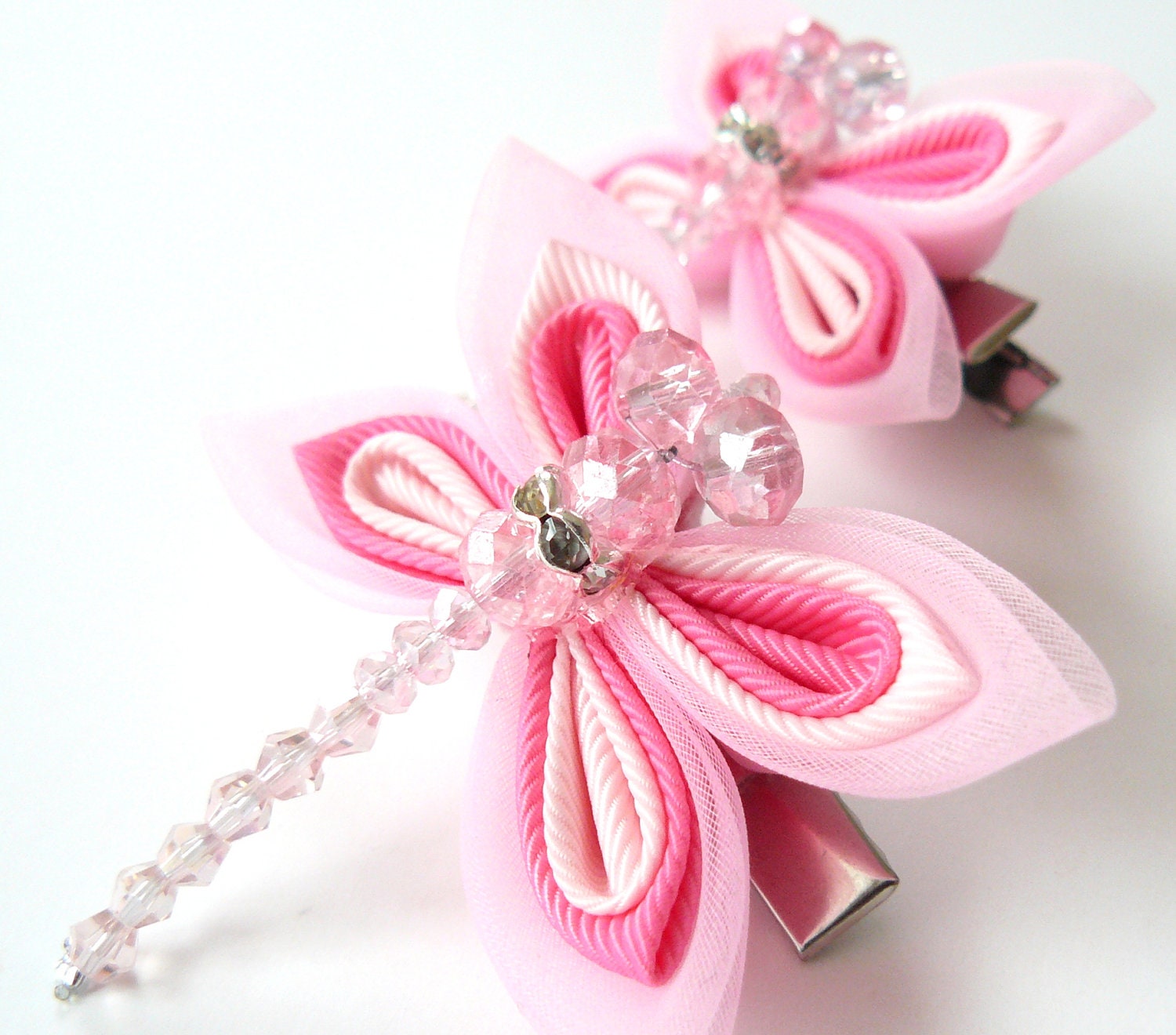 Pinces à cheveux Kanzashi libellules rose. Jeu de 2 pinces à cheveux.