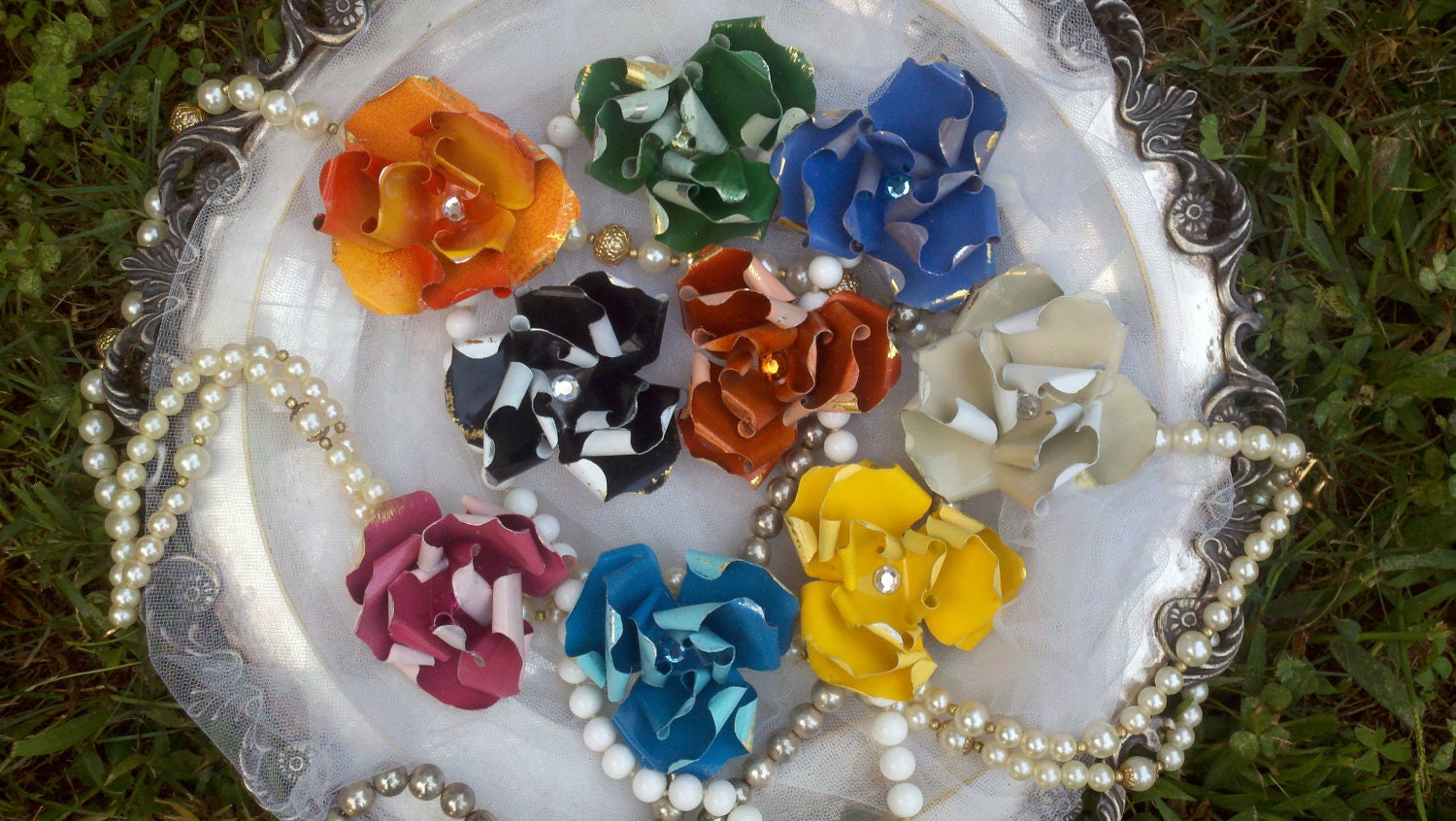 Metal Enamel Flower Brooch Pin for Wedding, Bridal Bouquets or wear. Antiqued Wild Roses, pick a color