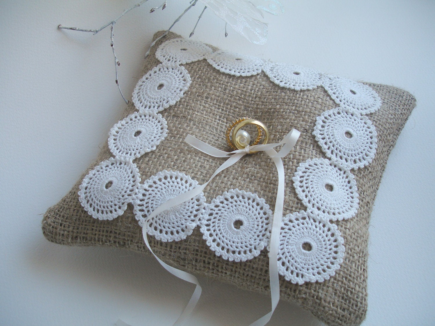 Ringbearer Pillow with Burlap and Handcrocheted Vintage Doily