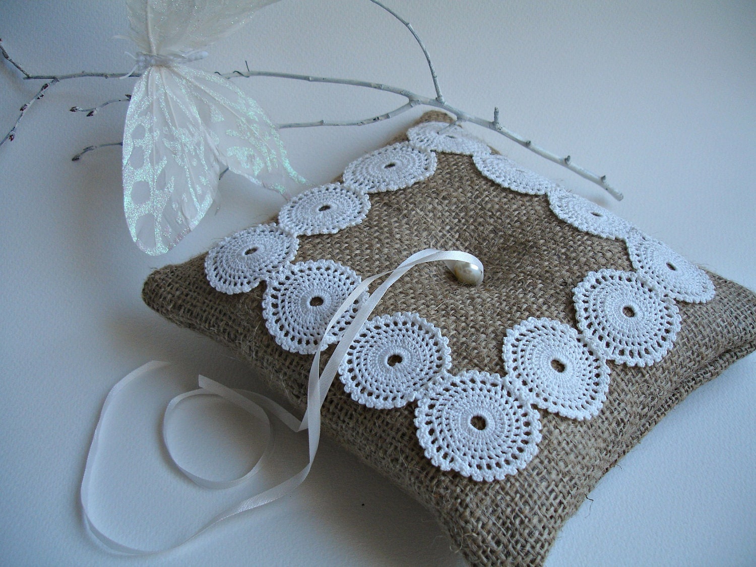 Ringbearer Pillow with Burlap and Handcrocheted Vintage Doily