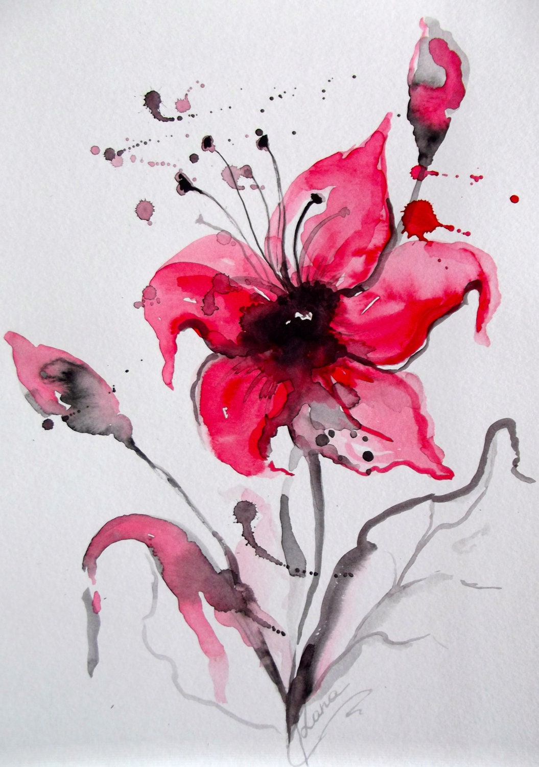 Abstract Floral Original Watercolor Painting - Modern Home Decor - Affordable Gift - Red and Black Watercolors