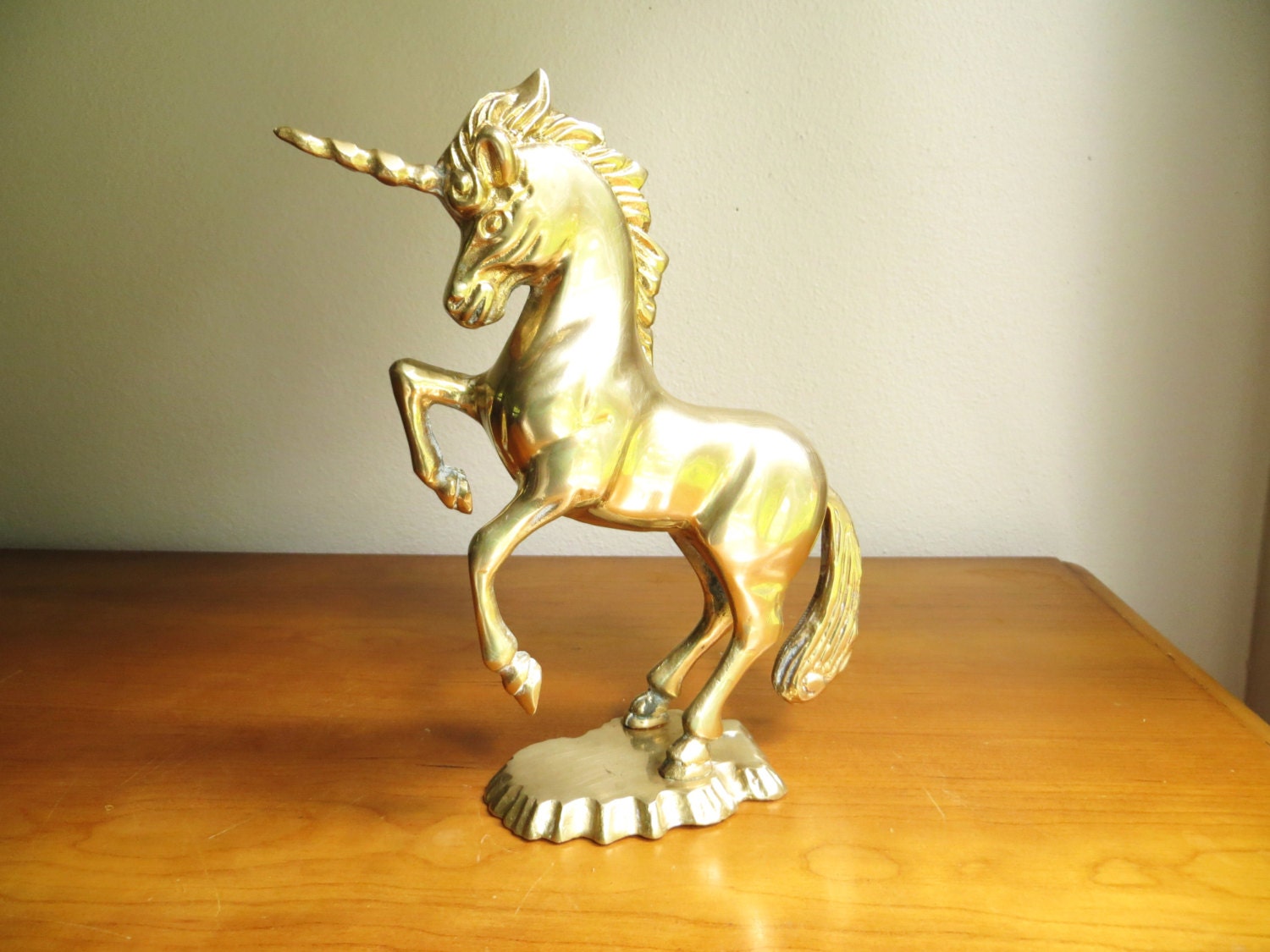 Vintage Brass Unicorn Figurine, Mid Century, Gold Animal Statue, Solid Brass, Horse