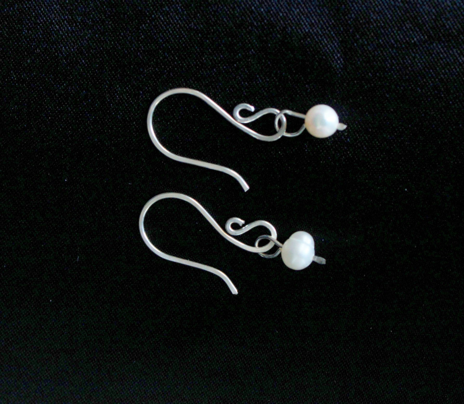 Pearl Ear Rings Sterling Silver Dangle White Pearls Wire Metal Jewelry Contemporary Bridal Wedding Handmade Luxe Style