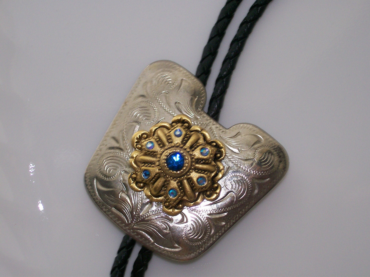 Bolero Necklace, Silver tone Bolero Necklace with Gold Medallion, Black Braided Leather Bolero Necklace w/silver tone