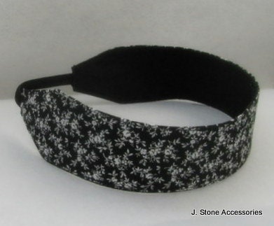 Women's Headband, Reversible Headband, Black with White Flowers Reversible Headband