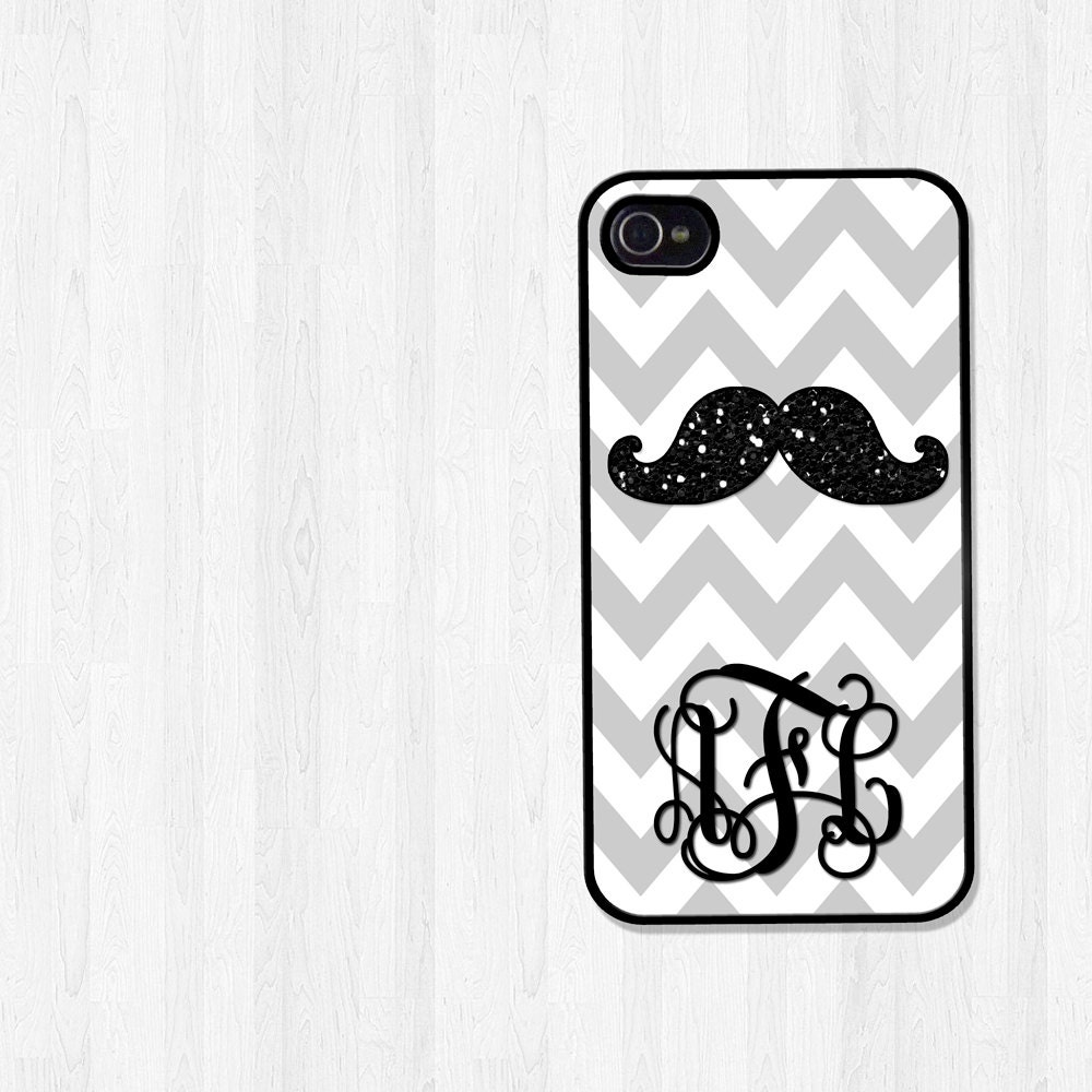 Personalized iPhone Case, iPhone 4, iPhone 5, Samsung Galaxy S3, Gray Chevron Black Glitter Mustache Script Monogram, Wedding Gift (284)