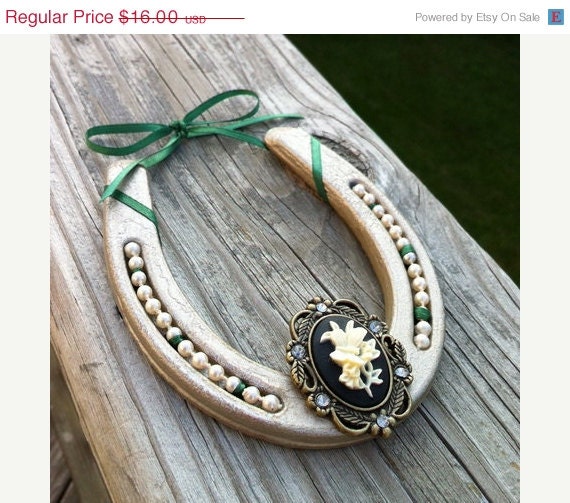 ON SALE Embellished steel horseshoe with faux pearls, a butterfly cameo and green ribbon - shabby chic - country decor - cowboy decor - MauveMoose