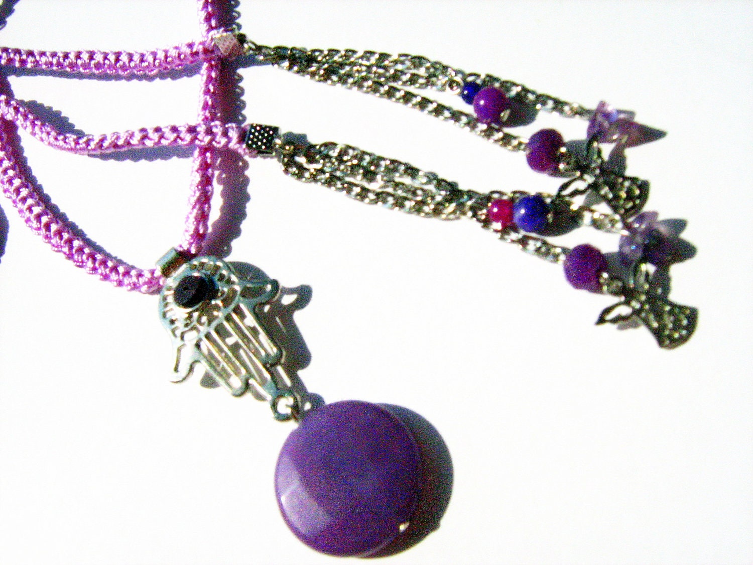 Large lilac faset cut agate with crochet violet cord lariat necklace