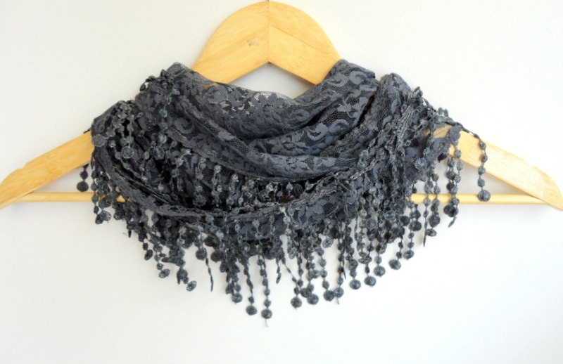 New summer fashion scarves,new scarf trends, gray scarf,Cowl Scarf with Lace Edge,gray grey