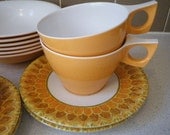 REDUCED PRICE 20% off on SALE Set of 6 Ornamin ware Melmac melamine plastic picnic cups, saucers, and bowls in an orange retro design