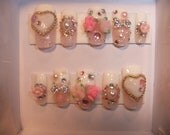 Sweet Hime Princess- pink french tip nails with roses full false/fake 3D nail Japanese lolita kawaii Hime gyaru