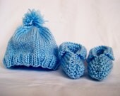 Hand Knit Baby Bootie and Pom-Pom Hat Set in Baby Blue