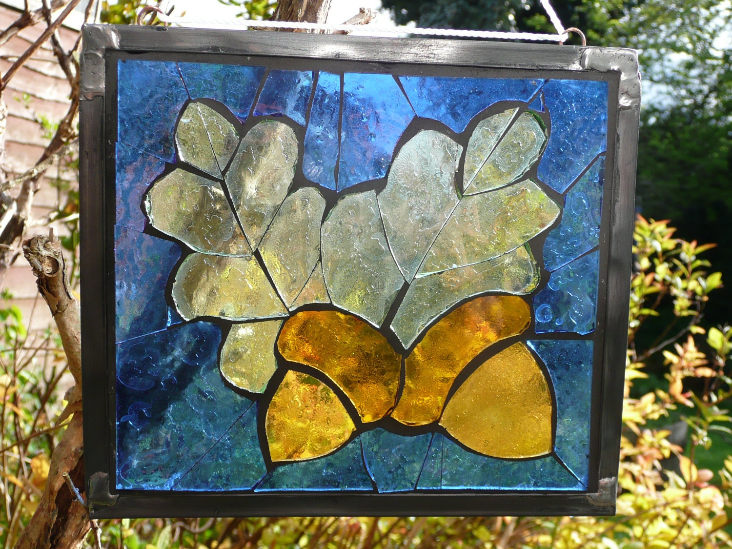 SOLD Stained Glass Panel  Vintage Glass - Oak Leaves and Acorns
