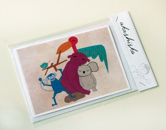 greeting card A6 (4.1 x 5.8) with cute illustration of a group of animals, monkey, bear, bird, koala and ant eater, original stationery