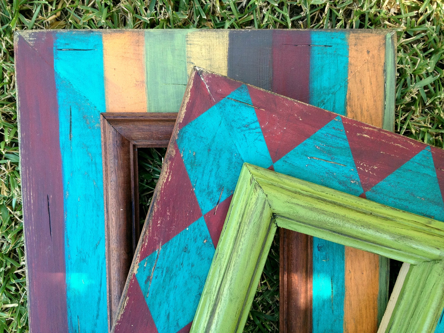 set of 2 distressed frames multi color argyle and stripe with dark wash made to look super vintage