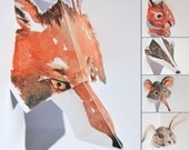 Set of 5- British Wildlife (1) Kirigami Pop-up Cards - Handmade - Featuring Fox, Squirrel, Badger, Shrew & Rabbit.