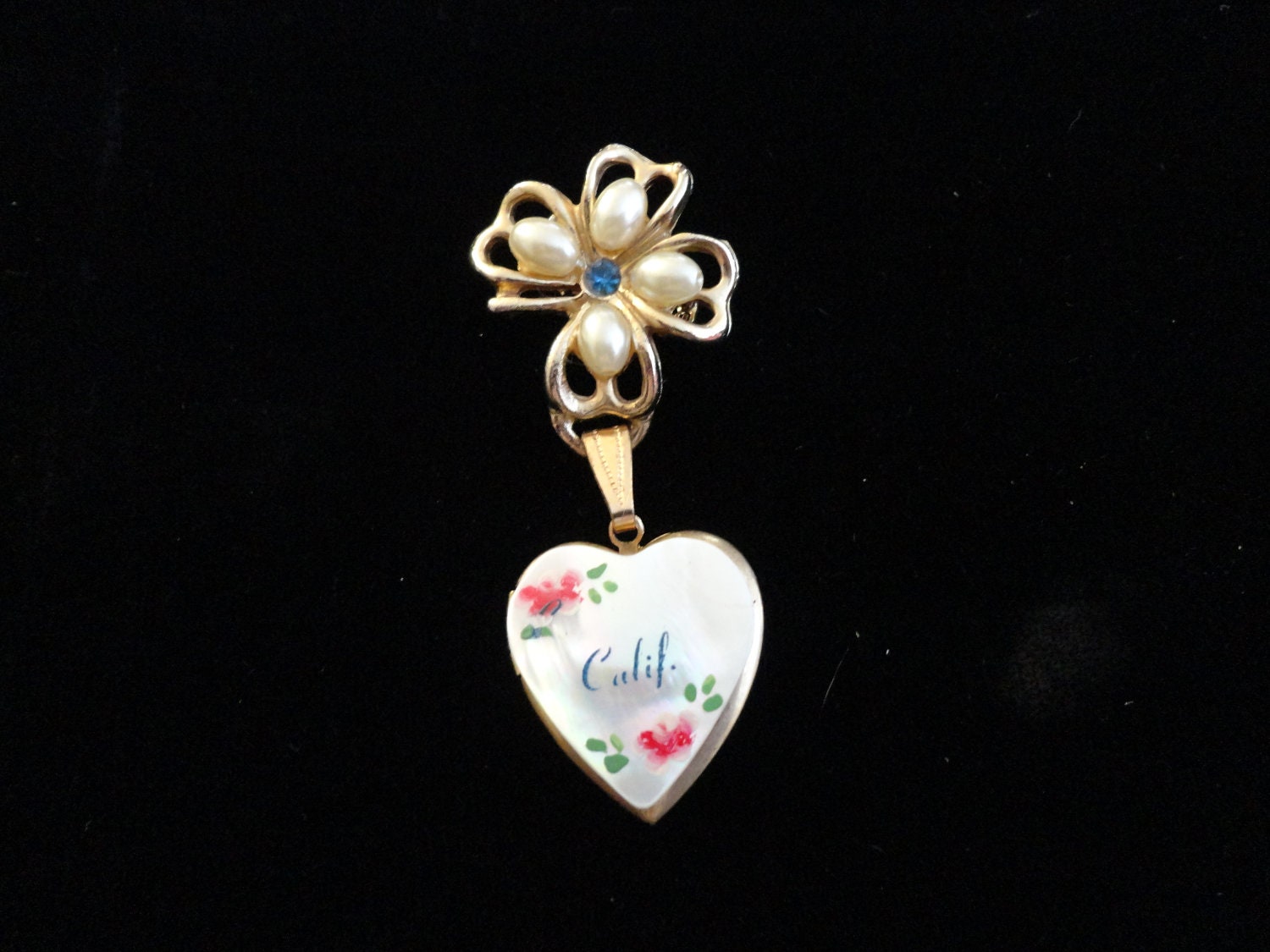 California Hand Painted Mother Of Pearl Gold Tone Lock Dangling Brooch