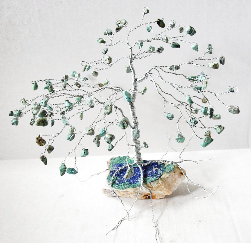 SALE Bonsai Gem Tree African Turquoise Green-Blue Leaf, Silver Wire, Rock Base / Designer Home Decor, Art, Gifts, Wedding Cake Toppers