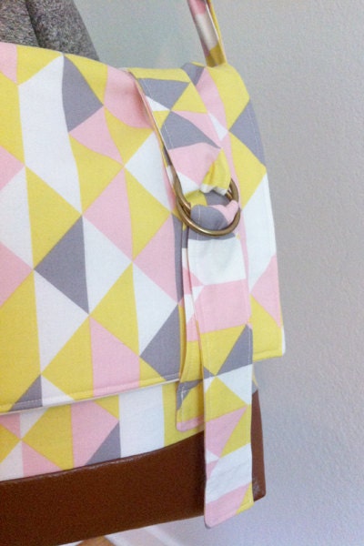 Women's Messenger Bag in Yellow, Pink & Gray Geometric Print