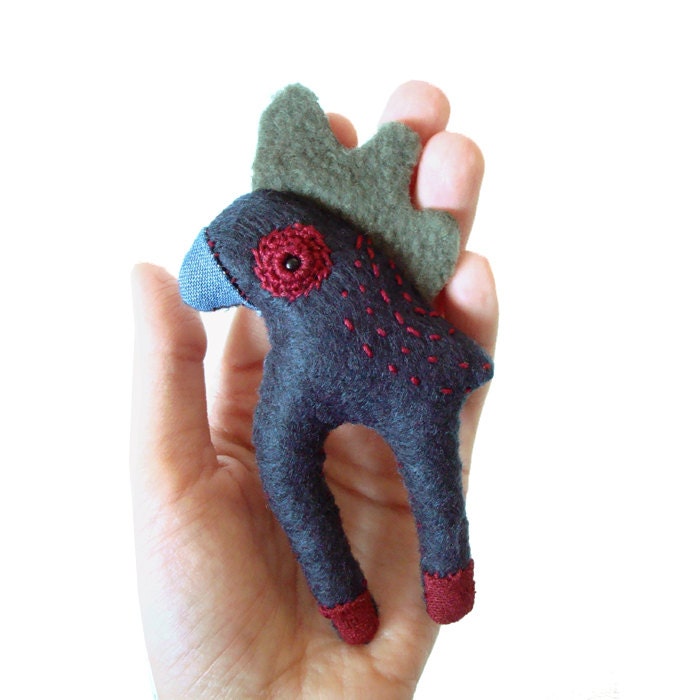 Plush Pin Brooch Felt Fabric Navy Blue Hand Embroidered Funky Folk BRONSON the Bird Creature