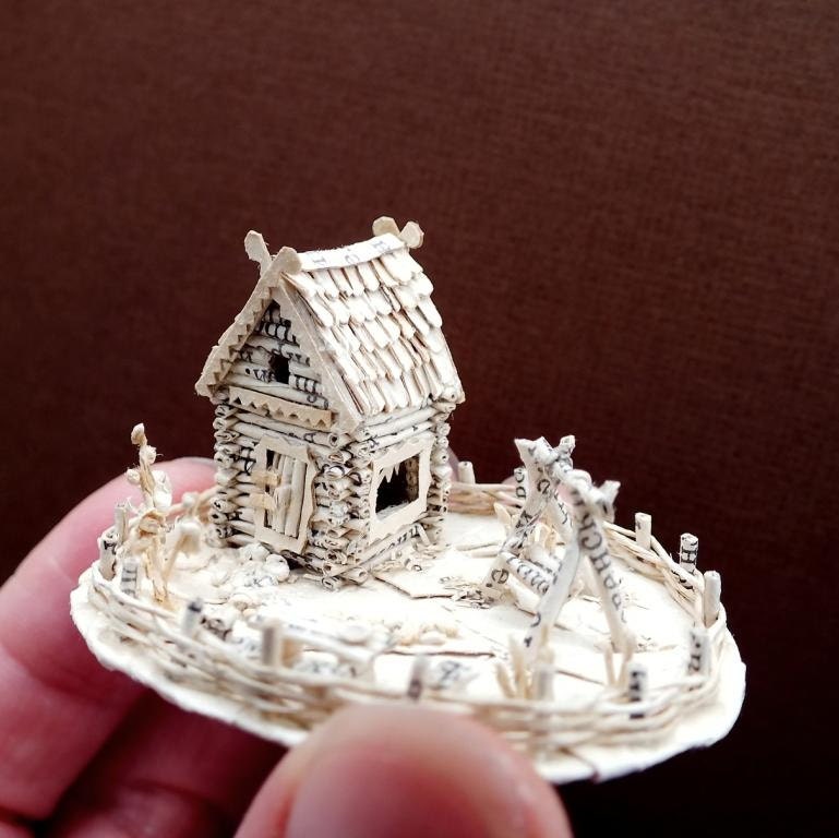 Paper  Handmade Miniature Village , Miniature House, Paper Flower And Stones, Hand Cut Curtains,  White and Black Book Paper, Home Decor